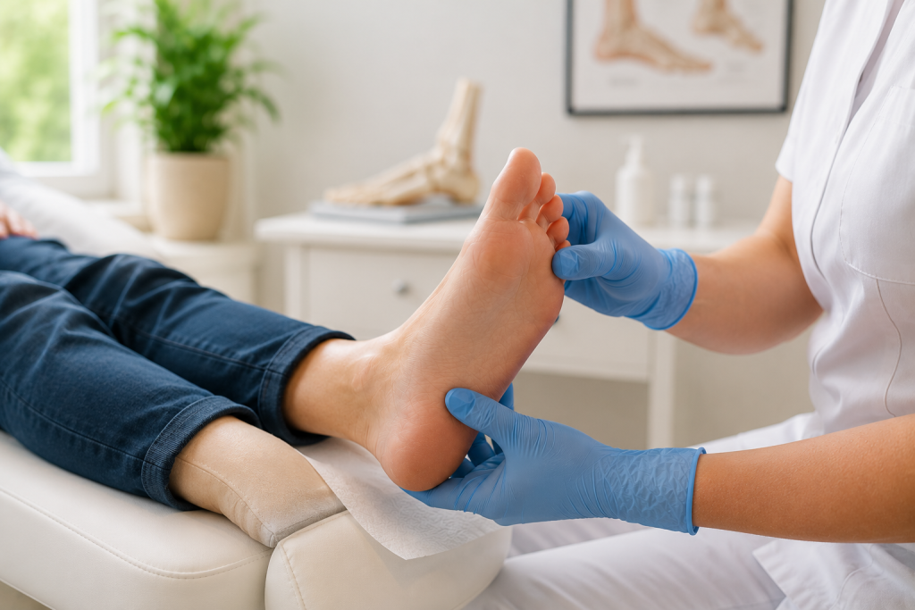 Podiatrist checking a patient’s foot and preparing to explain the findings