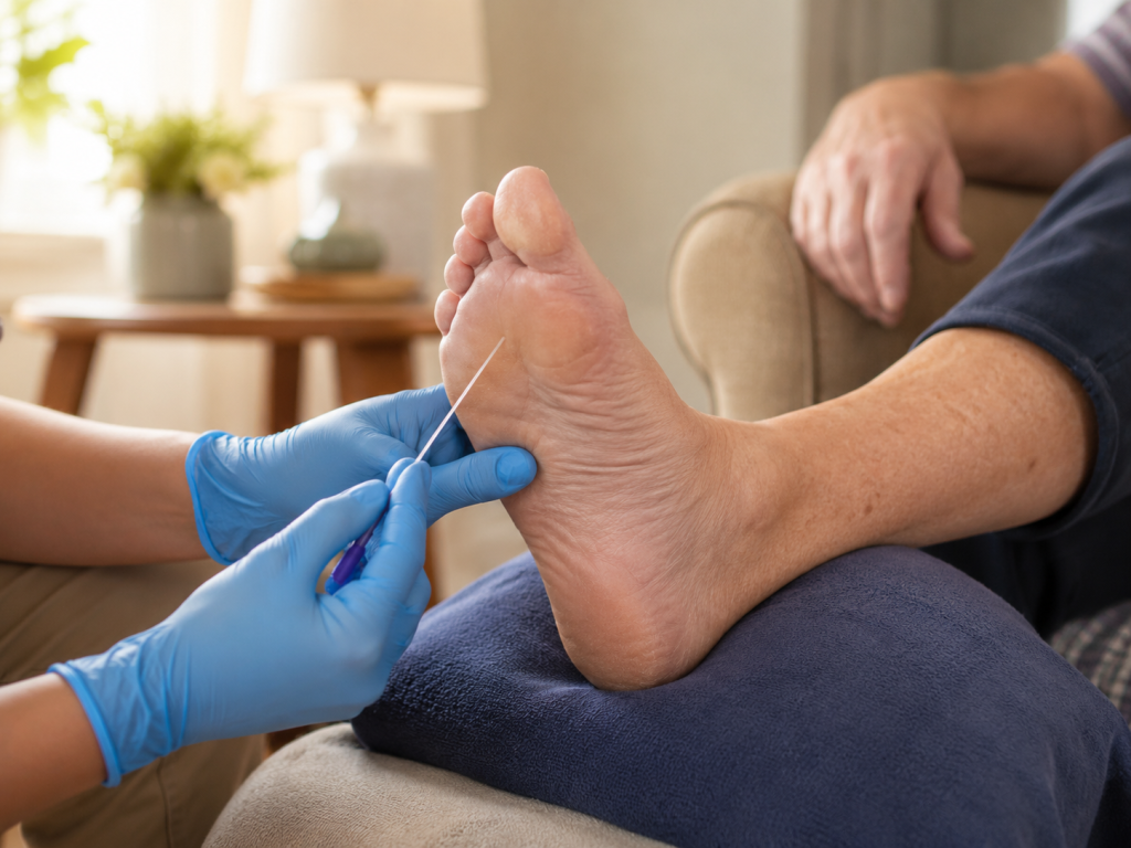 Podiatrist checking sensation during a diabetic foot assessment